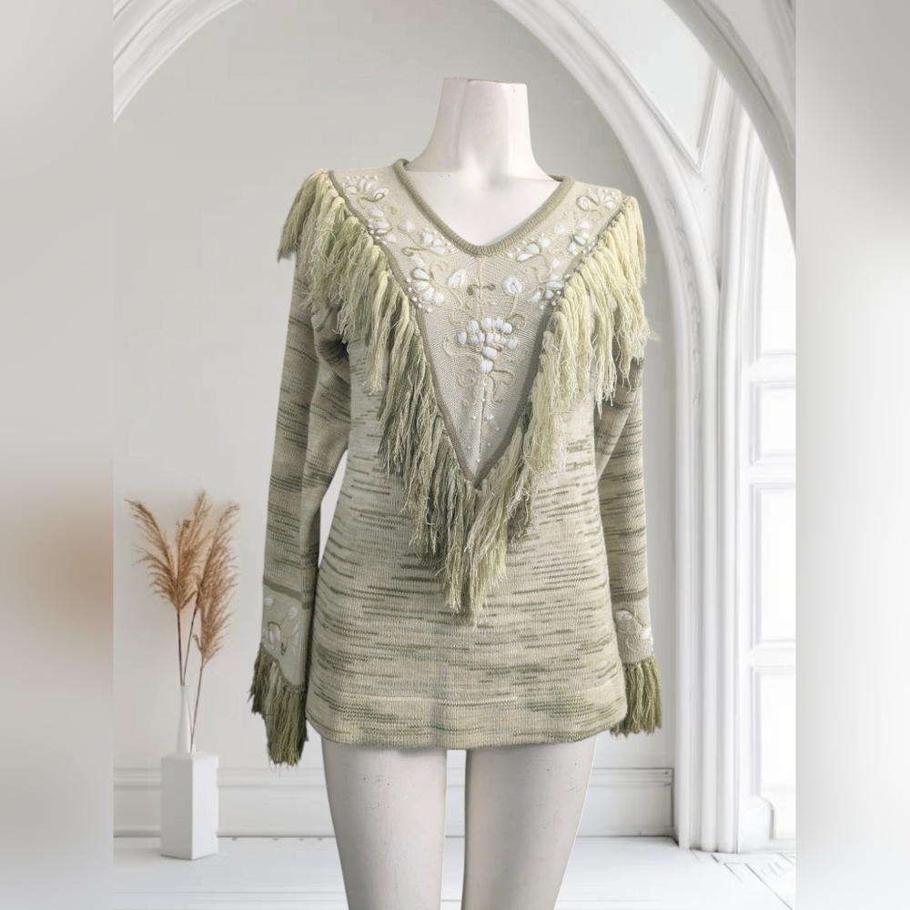 VTG Design For WEST By Jason Silverstein Embroidered Floral Fringe Knit Sweater